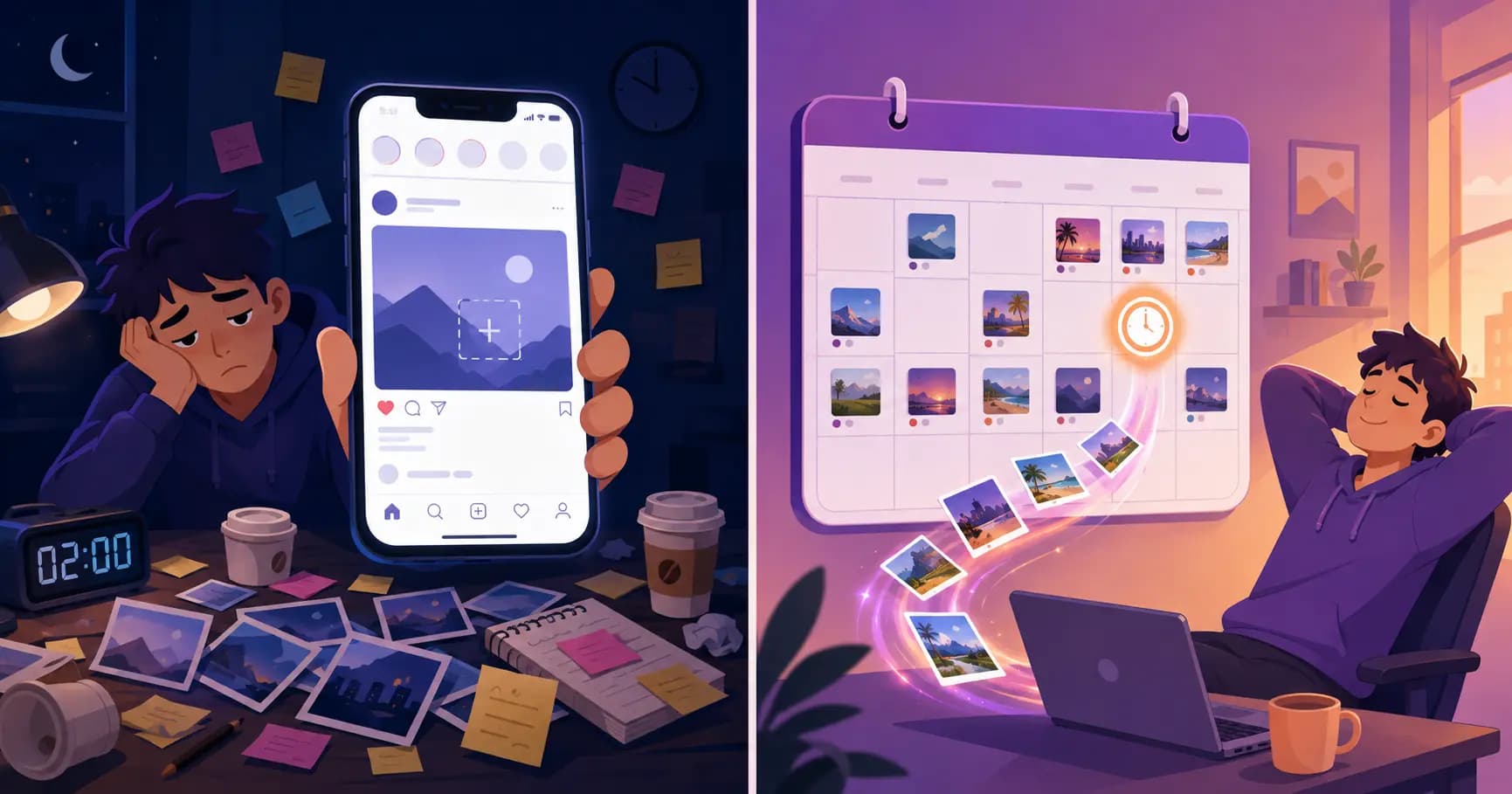 Instagram open on a phone — scheduling posts that publish automatically