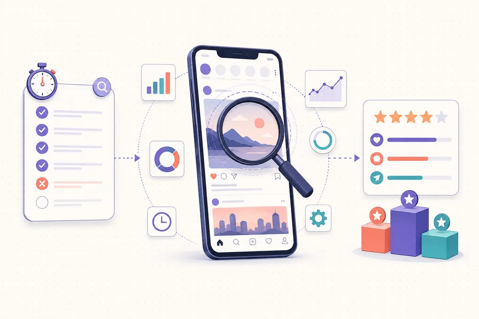 Instagram automation tools 2026 comparison: a scheduled post calendar connected by an arrow to an auto-sent Instagram DM